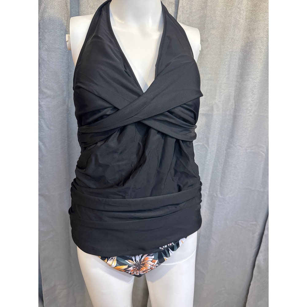 SUUKSESS Womens Halter Tankini Set Black Floral Crossover Ruched HBF006-3-L‎ L